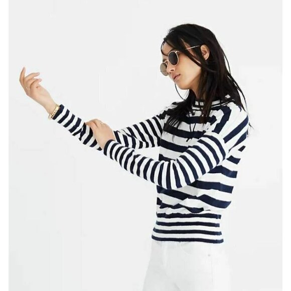 Madewell Sweater Womens Small Blue Ivory Striped Relaxed Mockneck Boho - Picture 6 of 8